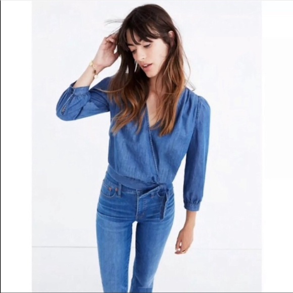 Madewell size xxsmall blue chambray wrap top - Picture 3 of 9